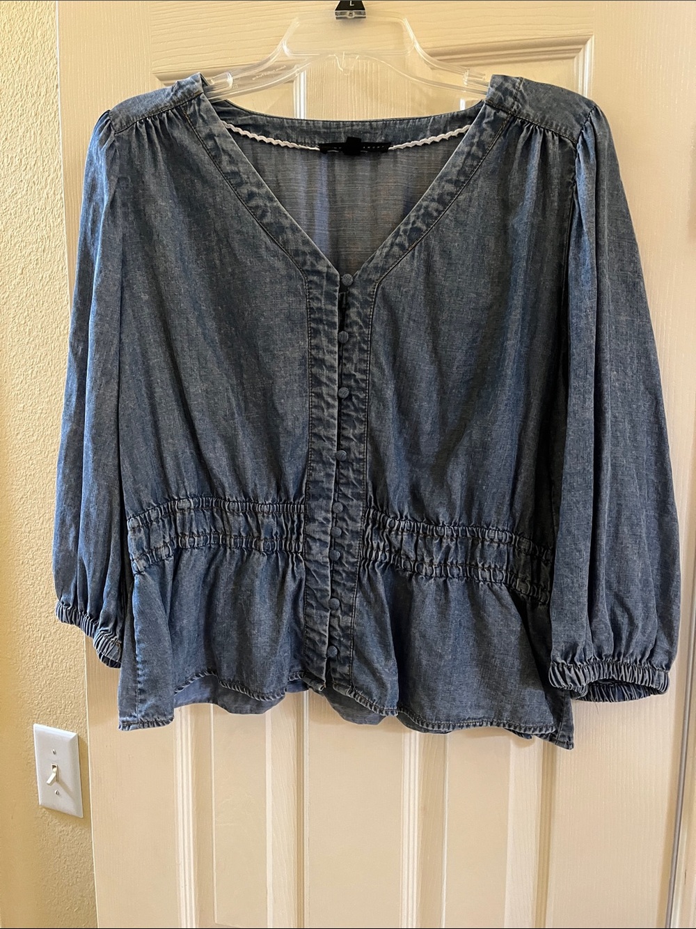 Jane & Delancey-Denim-Effect Smocked Waist Peasant Blouse - Blue